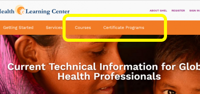 Screenshot of the homepage indicating the Courses and Programs links on the main menu.